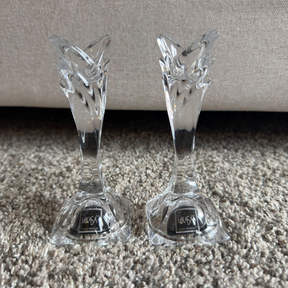 Mikasa Deco Lead Crystal Candleholder Pair 5.5" Taper Candlestick Slovenia XY142